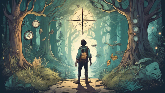 An adventurous person standing at the edge of a mystical forest filled with unknown paths and magical creatures, holding a compass and a map, ready to step into the unknown.