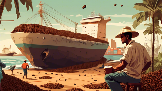 A giant coffee cup overflowing with coffee beans, with a worried Brazilian farmer in the background and a cargo ship stuck in a traffic jam in the distance.