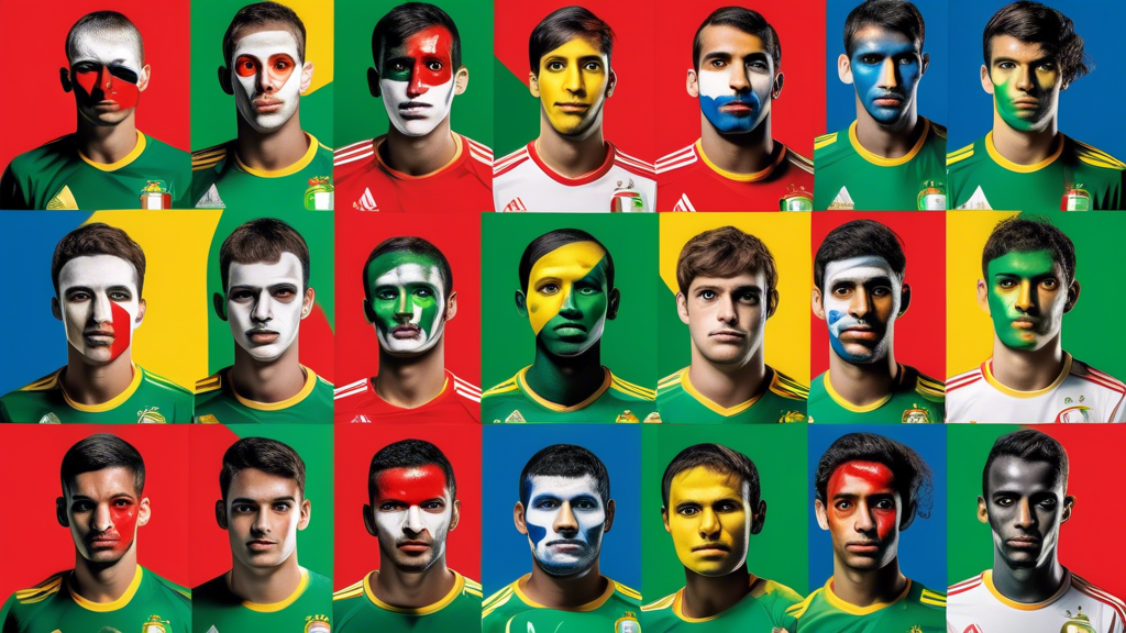 Ten soccer players with half their faces painted with the UAE flag and half with the Brazilian flag, wearing UAE national team jerseys.