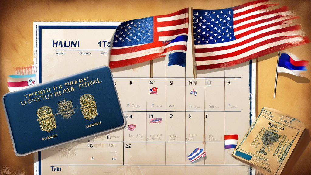 A digital painting of a calendar with flight tickets and a passport featuring the US and Thailand flags, representing the travel duration of a US citizen in Thailand.