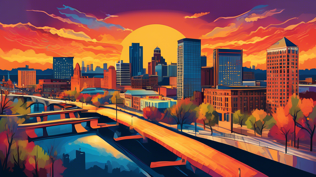 A vibrant, artistic rendering of Grand Rapids' skyline at sunset, showcasing iconic landmarks and a bustling, rejuvenated downtown area, symbolizing the city's resurgence and growth.