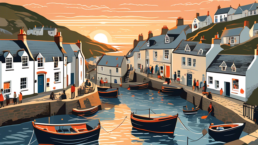 Quaint Port Isaac village nestled along the Cornwall coast, with cobblestone streets and historic fishing boats, as a group of local musicians play traditional folk tunes by the seafront under a soft sunset.