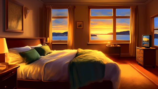 Digital painting of a cozy and inviting hotel room overlooking the picturesque waterfront of Hobart, Tasmania, with the setting sun casting a golden glow across the scene, highlighting a 'Special Deals' sign on the room's window.