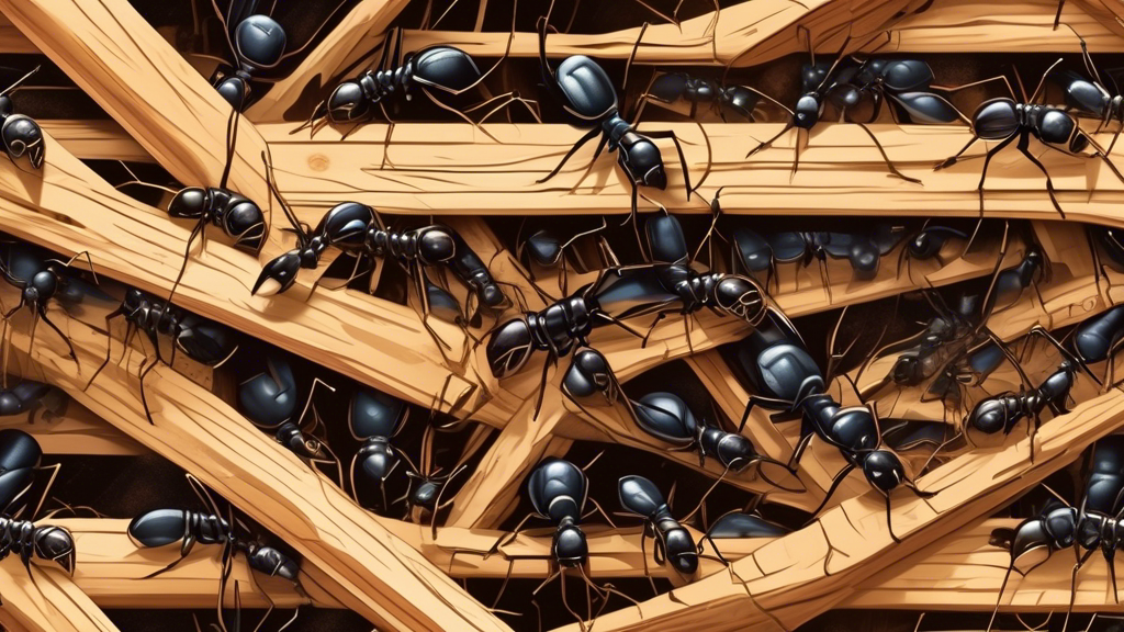 Close-up illustration of Camponotus pennsylvanicus, carpenter ants working collaboratively to build a nest inside a wooden structure, showcasing intricate details of their behavior and natural environment.