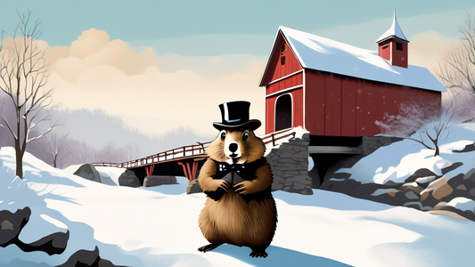 An illustration of Punxsutawney Phil, the famous groundhog, wearing a top hat and exploring a scenic, historic covered bridge amidst a snowy landscape on Groundhog Day.