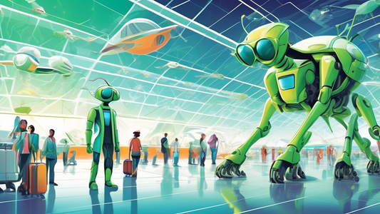 A futuristic airport with robots assisting travelers and holographic maps showing global destinations.