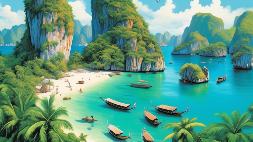 A bird's-eye view of a Thai island paradise, crystal clear azure ocean water, white sand beaches, lush green palm trees, longtail boats, and dramatic limestone cliffs