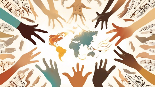 An image of diverse human hands forming a circle above the Earth, with musical notes and symbols of peace floating around, portraying a theme of unity and cultural harmony.