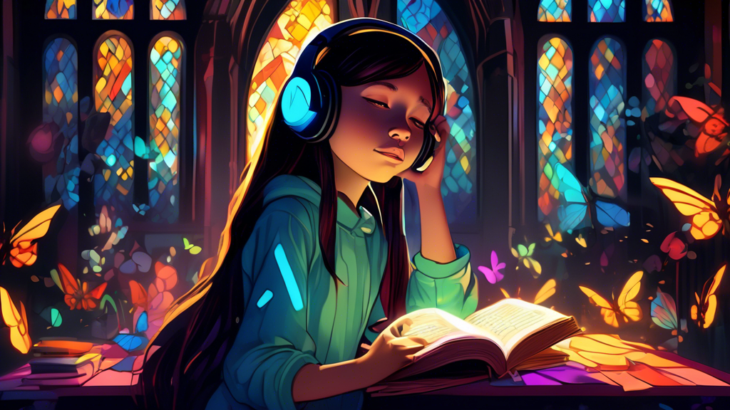 A young girl wearing headphones, surrounded by shadowy figures whispering in her ear, with a book titled Ade and the Bad Friends glowing in her hands.