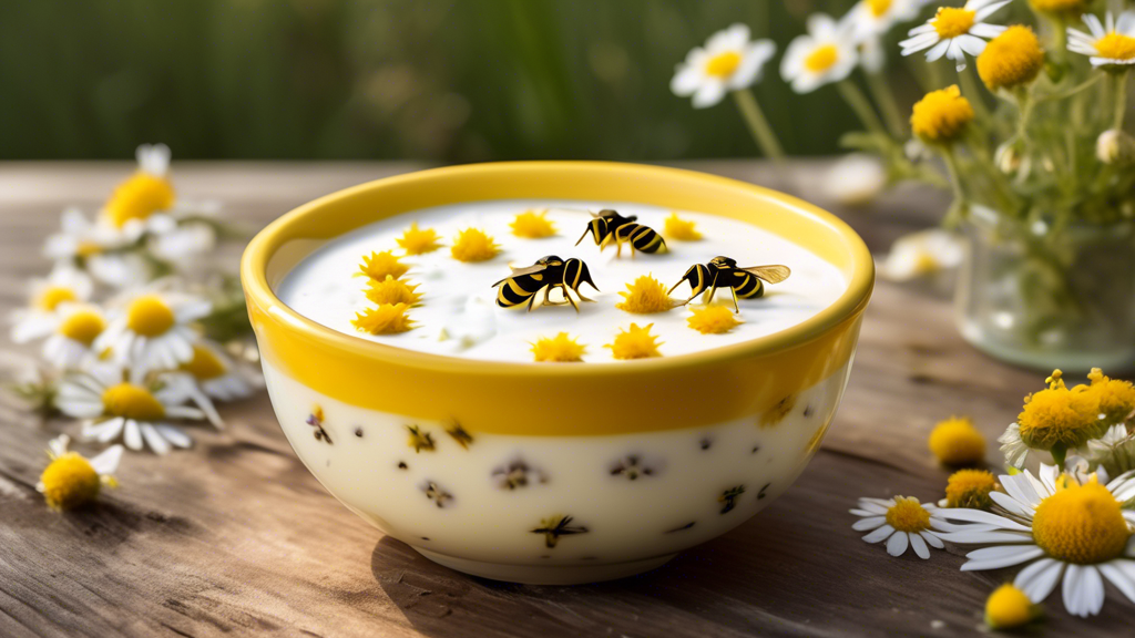 An artfully designed bowl of yogurt decorated with tiny edible yellowjackets on a rustic wooden table, background filled with wildflowers and sunshine, capturing the essence of a unique flavor journey.