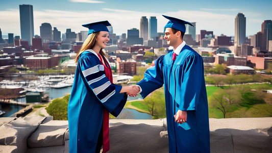 A Boston University graduate in a Questrom School of Business cap and gown shakes hands with a successful-looking professional, with the Boston skyline in the background.