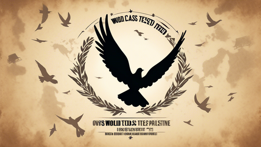 Design a powerful and thought-provoking poster featuring a silhouette of a dove overlaying a battle scene, symbolizing peace over conflict in occupied Palestine, with the text 'World Class Weaponry Battle Tested' subtly incorporated.