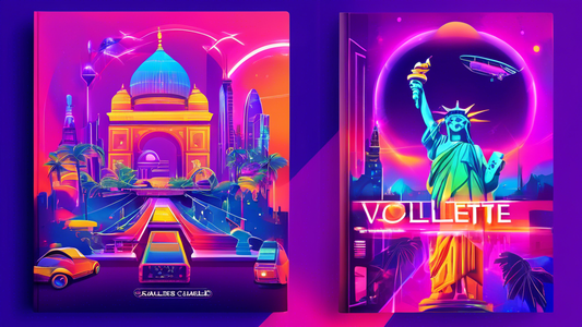 Create an image showcasing a futuristic, colorful travel brochure cover for 'VioletCharles@j.vtr.my.id – 2024 Travel Guide' with iconic landmarks from around the world illuminated in vibrant neon lights.