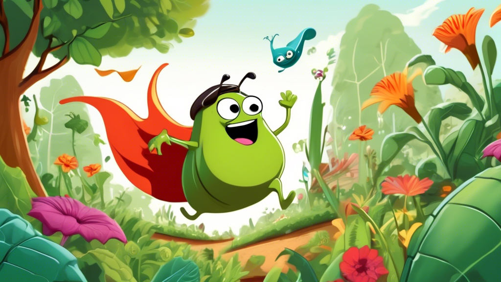 An illustration of a cartoon slug with a superhero cape zooming through a lush garden at an unusually high speed, with surprised and impressed garden creatures observing in the background.