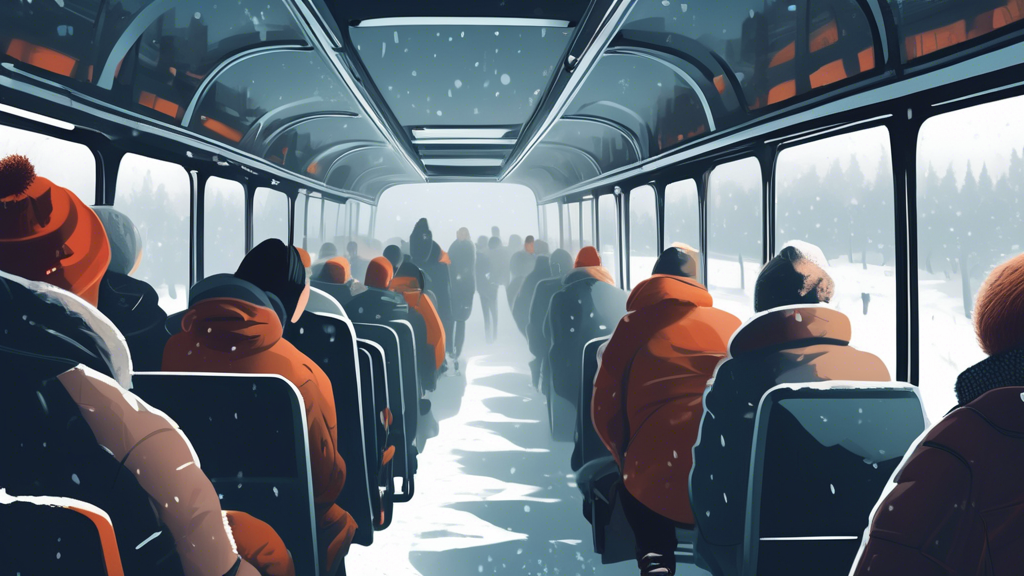 A cozy, crowded bus interior with passengers wrapped in winter coats, looking out foggy windows at a snowy landscape, during a serene January morning.