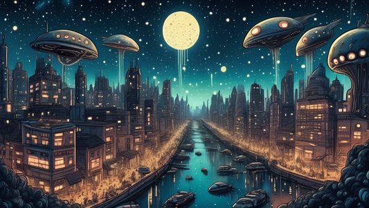 A detailed illustration of a futuristic city being silently invaded by alien parasites, blending in with unsuspecting human inhabitants, under a starry night sky.