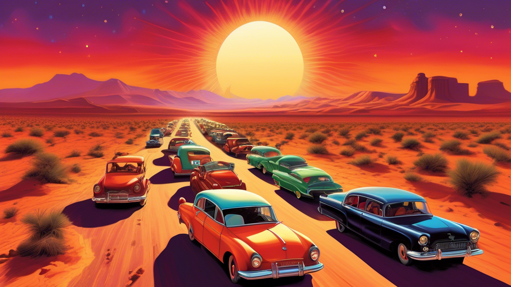 A convoy of vintage cars driving through a vast desert landscape, with a magnificent solar eclipse in the vividly colored sky, as people gather on the roadside to watch.