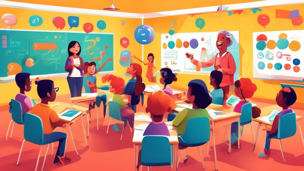 A bright, colorful classroom scene where animated characters are joyfully participating in an interactive, educational workshop aimed at boosting their skills, with visible thought bubbles showing improvement icons and positive progress bars.