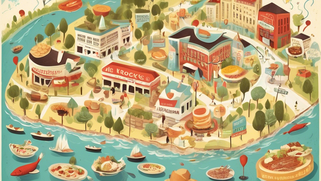 A whimsical map highlighting the hidden culinary treasures of Little Rock with cheerful food critics and locals discovering and enjoying dishes at secret spots.