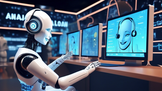 A futuristic and friendly customer service robot wearing a headset, surrounded by digital screens displaying the Anjani Loan App interface, engaging in a helpful conversation with customers through a virtual chat platform.