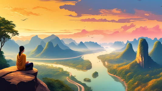 Create an image portraying a scenic viewpoint from a high cliff, overlooking a vast, colorful landscape with mountains, forests, and a winding river. The scene should be at sunset, casting a golden gl