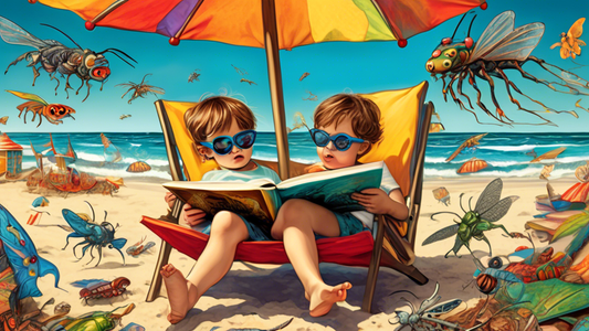 A child wearing sunglasses, sitting in a beach chair under a beach umbrella, engrossed in a book with fantastical creatures flying out of it.