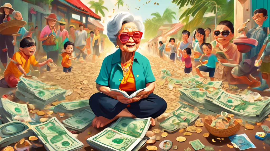 A chaotic scene with a mischievous grandchild holding a How to Get Rich Quick book, a confused-looking grandma, and piles of money scattered around.