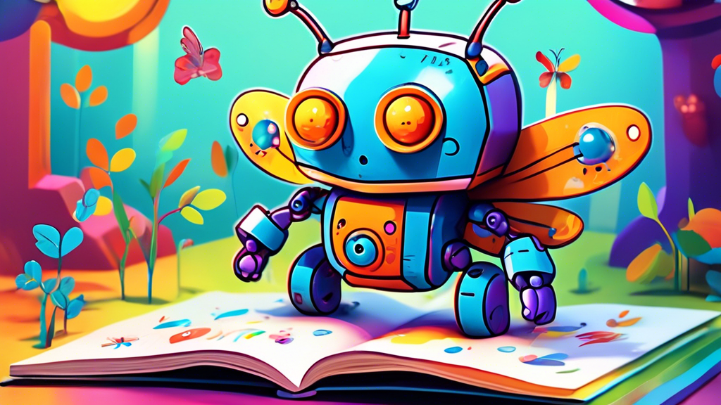 A friendly robot using AI to design a colorful pop-up book for smiling children