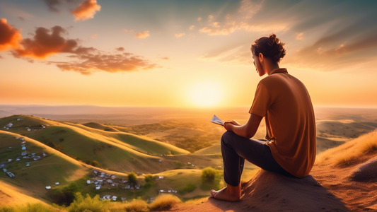 A serene image of a person sitting on a hilltop at sunset, looking thoughtfully at a scattered array of photographs that illustrate different significant moments from their life, each photo glowing sl