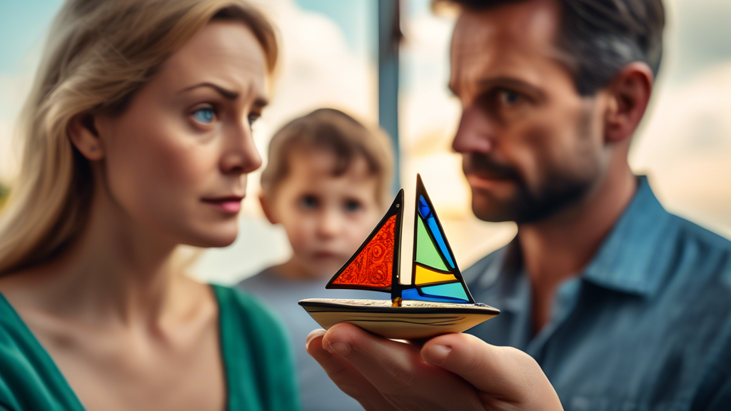 A woman staring with wide, worried eyes at her husband who is holding a tiny toy sailboat in his hand as if it were a real boat.