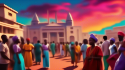 Dramatic evening view of a bustling Nigerian film set with iconic landmarks in the background, actors in colorful traditional attire, and tourists capturing the moment, all under a vibrant sky.