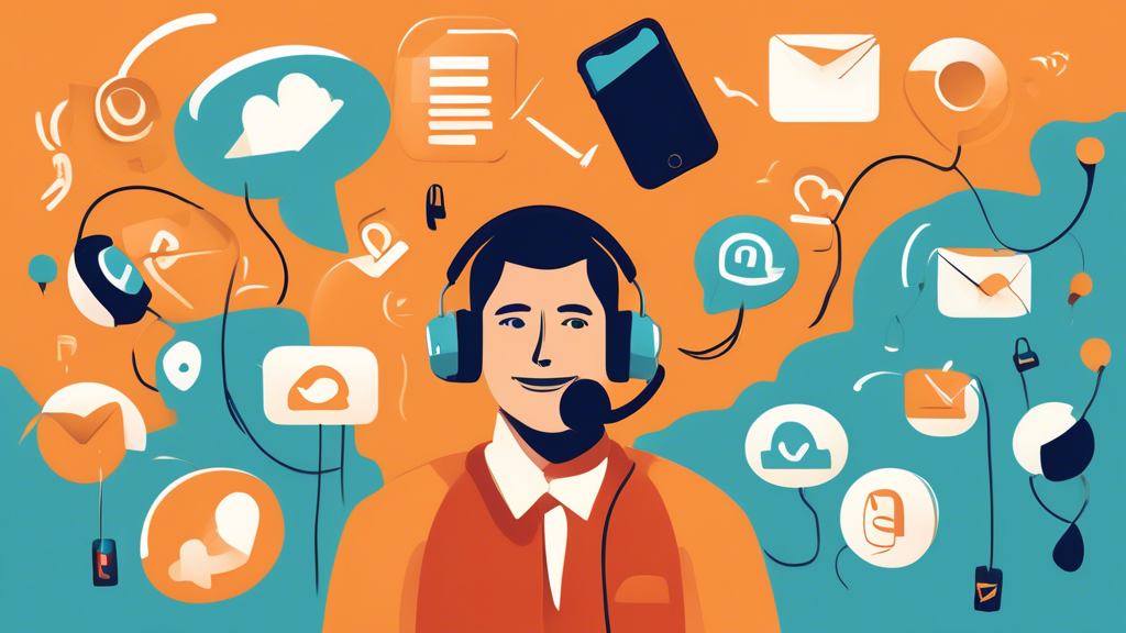 An illustrated customer service representative wearing a headset, surrounded by floating symbols of phone, chat, and email, against a backdrop representing virtual mortgage assistance.
