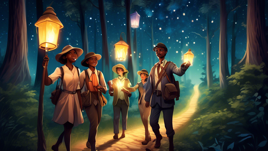 An elegantly dressed tour guide holding a lantern, leading a small, diverse group of adventurers through a magical, glowing forest path, with customizable destination signs pointing in various directions, under a starry sky.