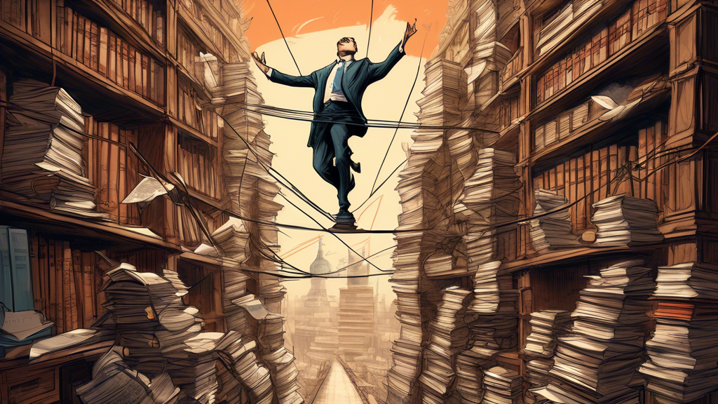 An intricate digital painting of a tightrope walker balancing between towering stacks of legal documents and books labeled 'Efficiency' and 'Accountability' against a backdrop of courtroom and parliamentary symbols.