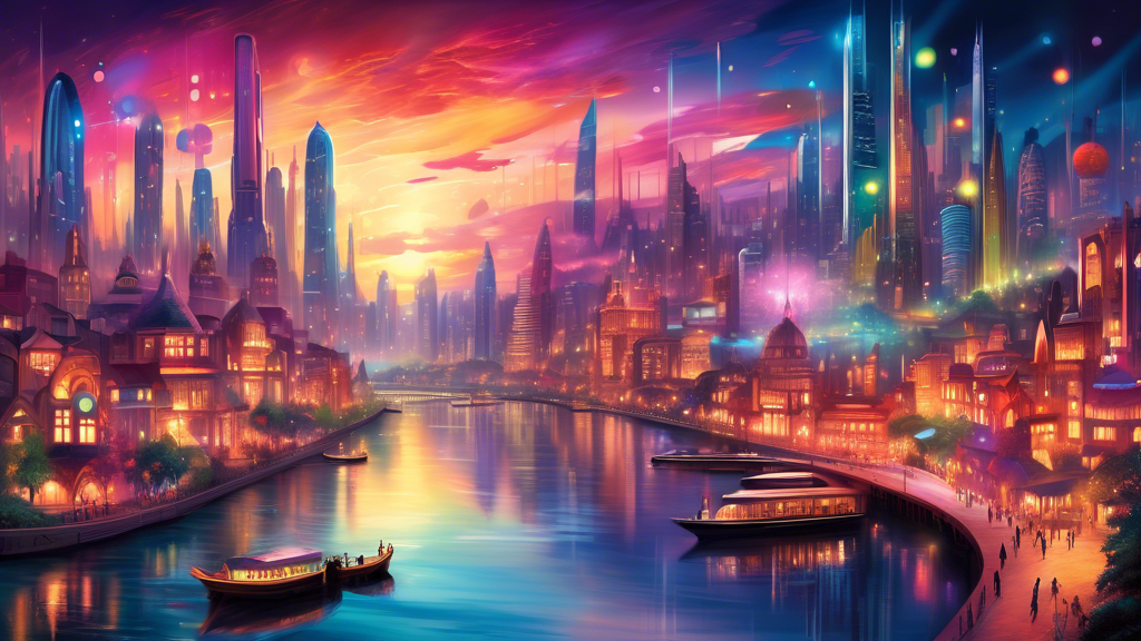 An enchanting panoramic view of the illuminated skyline of the City of Dreams at dusk, with futuristic buildings, lively streets, and an array of colorful lights reflecting on a serene river, all surrounded by the magical aura of a dreamland.