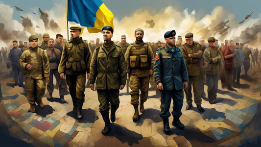 A dramatic digital painting depicting people from diverse backgrounds and walks of life coming together, some in military uniforms and others in civilian clothes, all standing on a symbolic map of Ukraine, showcasing unity and complexity of involvement.