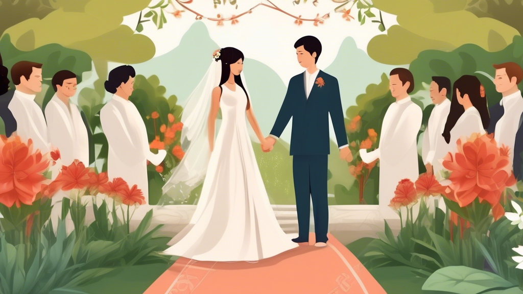 A multicultural wedding ceremony with an Asian bride and a Caucasian groom holding hands, set in a picturesque garden, symbolizing cultural unity and diversity.