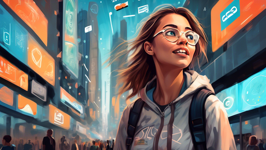 Digital painting of a curious young woman named Olivia exploring the bustling streets of Silicon Valley, looking both overwhelmed and excited, surrounded by futuristic technology and startup logos.