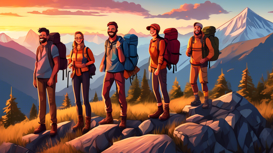 A group of smiling adventurers standing on a mountaintop at sunset, showcasing their top-rated outdoor gear, including high-tech backpacks, hiking boots, and camping equipment, with a panoramic view of the mountains and forest in the background.