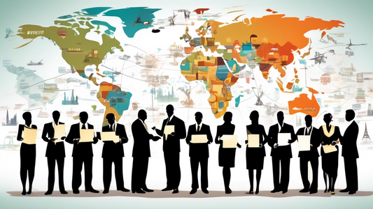 An energetic and diverse group of professionals in hospitality, restaurant, tourism, logistic, and procurement sales industries standing together, with resumes in hand, in front of a world map showing bustling global trade routes and famous landmarks.