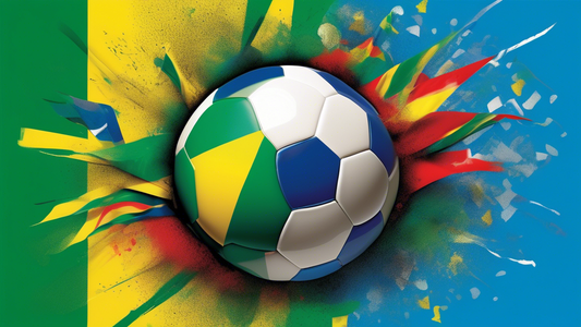 A soccer ball bursting through a screen divided with the Brazilian flag and Colombian flag.