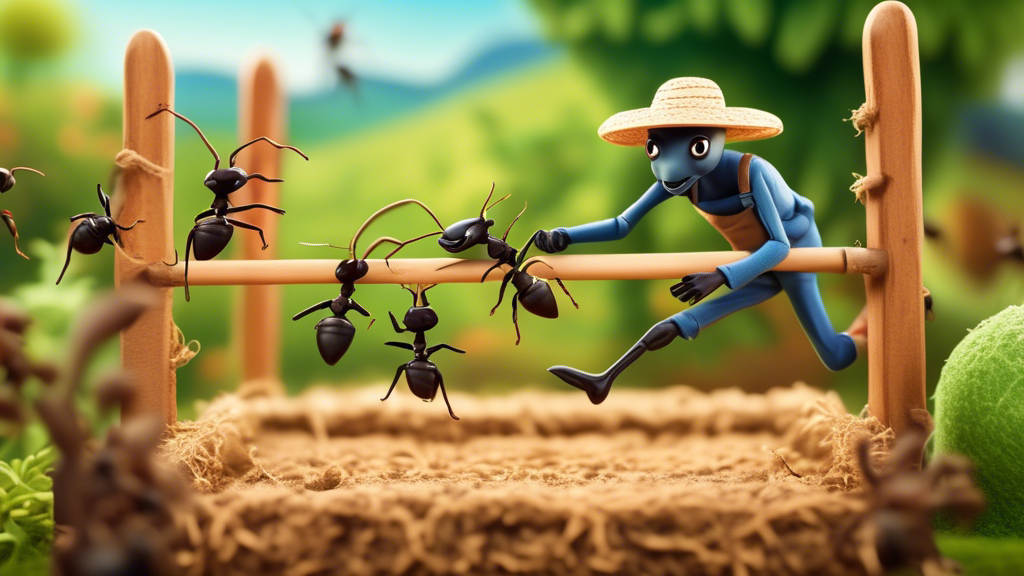 An ant farmer wearing overalls and a straw hat, looking determined while jumping over a series of miniature hurdles, with giant ants working harmoniously in the background on a vibrant, lush farm.