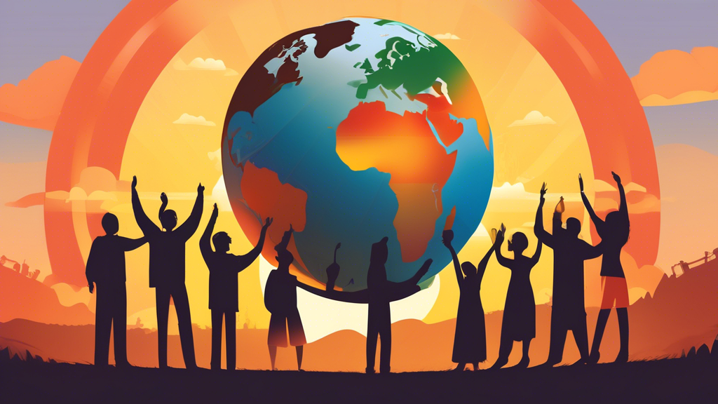 Diverse group of people from various cultures and backgrounds holding a globe together above their heads on top of a hill with the sunrise in the background, symbolizing unity and varied perspectives in a globalized world.