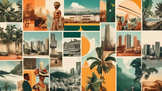 A collage of photos depicting iconic moments in Brazilian history, from indigenous cultures to modern cityscapes