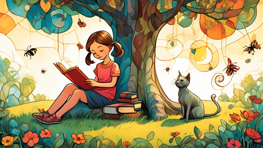 A whimsical children's book illustration created in a consistent style, featuring a girl with pigtails reading a book under a tree with a cat and dog beside her