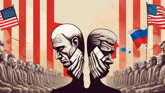 A digital art piece depicting a divided American society with contrasting reactions - one side expressing disappointment and the other side relief, while in the background, a symbolic representation of Russia watches over with a sympathetic gesture.