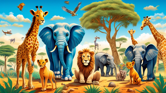 An animated family on a vibrant safari adventure, surrounded by a variety of smiling animals, including lions, elephants, and giraffes, under a bright blue sky with fluffy clouds, in a lush, detailed African landscape.