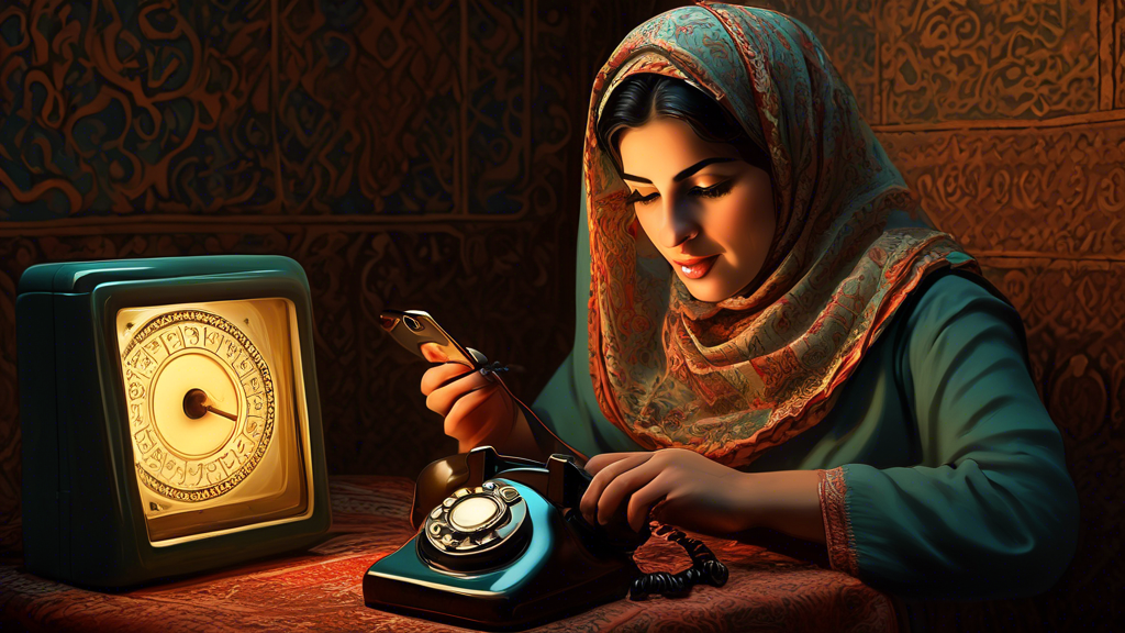 Digital artwork depicting a traditional Iranian woman in Lordeghan using a vintage phone with the numbers 0903.493.1955 illuminated on the screen