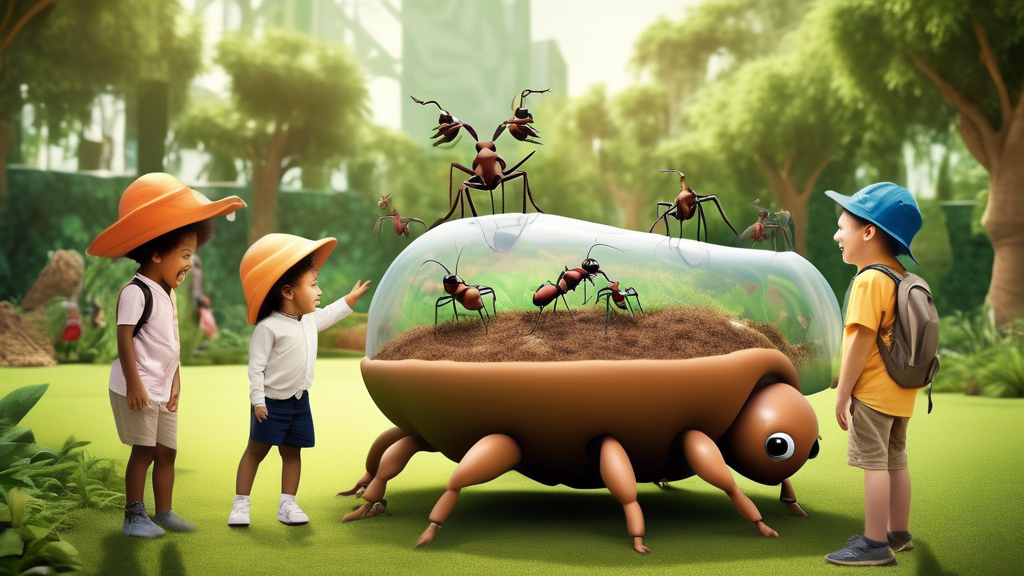 Children dressed as little explorers looking amazed as they interact with a giant ant farm set in a lush green park, with oversized cartoonish ants teaching them about nature.