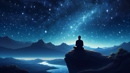 A serene, majestic landscape with a single person meditating under a vast, starry night sky, embodying the profound power and tranquility of silence.